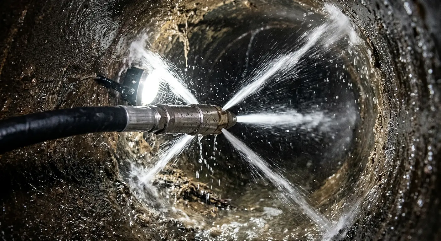 High-pressure hydro jetting nozzle cleaning sewer pipe for Sewer Line Relining in West Springfield Town