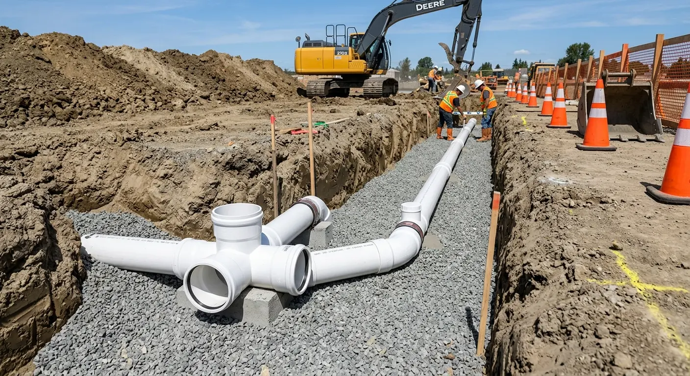 New PVC sewer pipe installation in open trench for Commercial Drain Cleaning in West Springfield Town