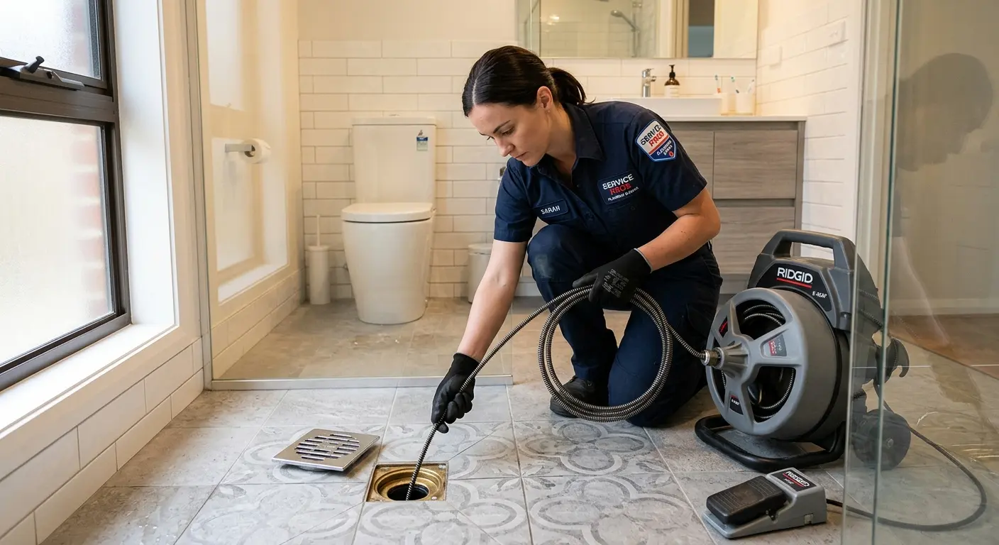 Technician clearing a bathroom floor drain for Drain Repair in West Springfield Town
